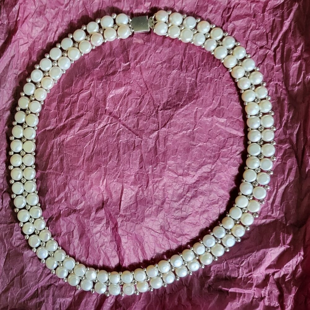 VINTAGE STERLING SILVER CULTURED PEARL CHOKER NECKLACE - Picture 4 of 11
